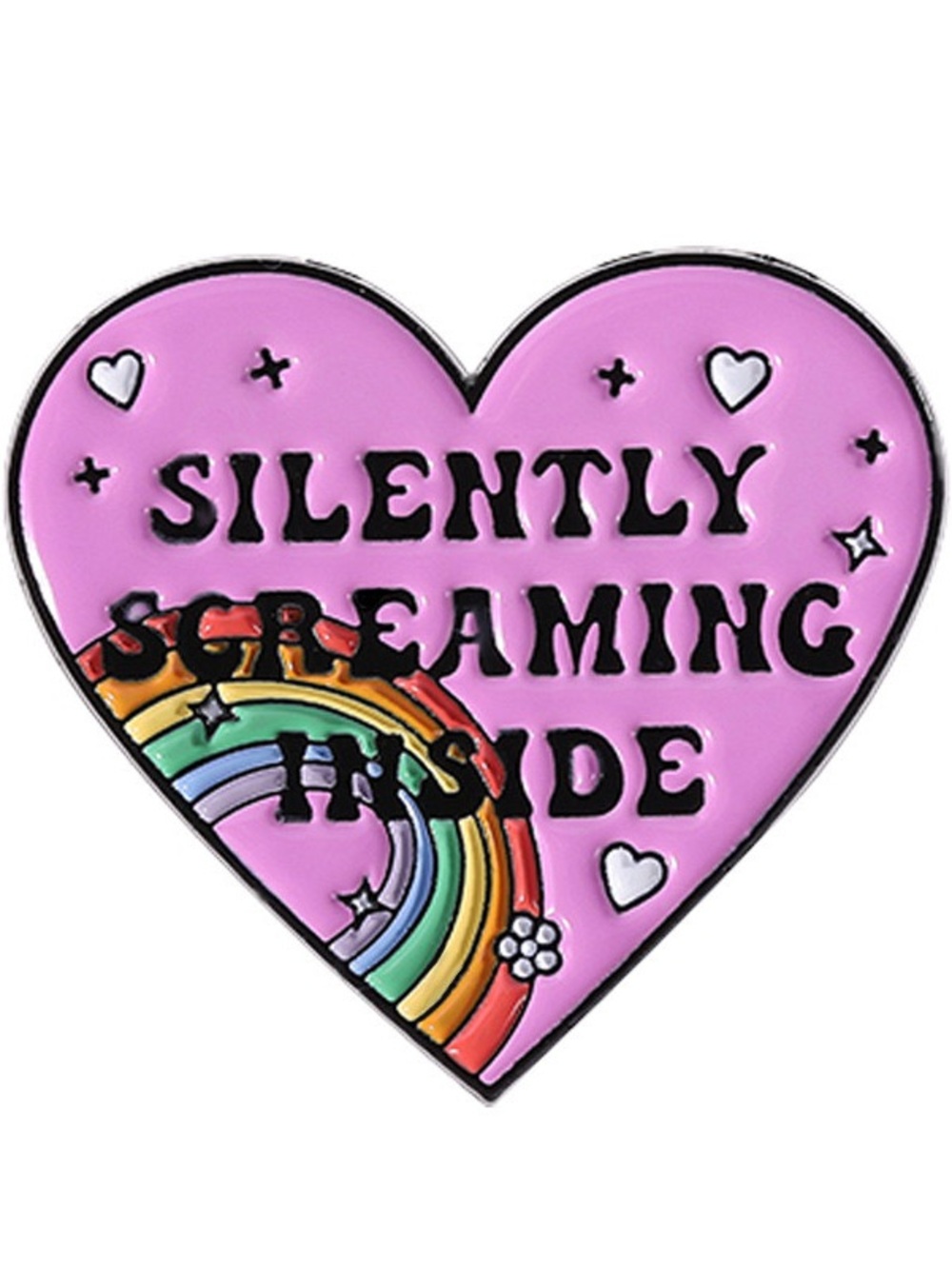 Funny “Silently Screaming Inside” Heart Enamel Pin – Cute Rainbow Mental Health.